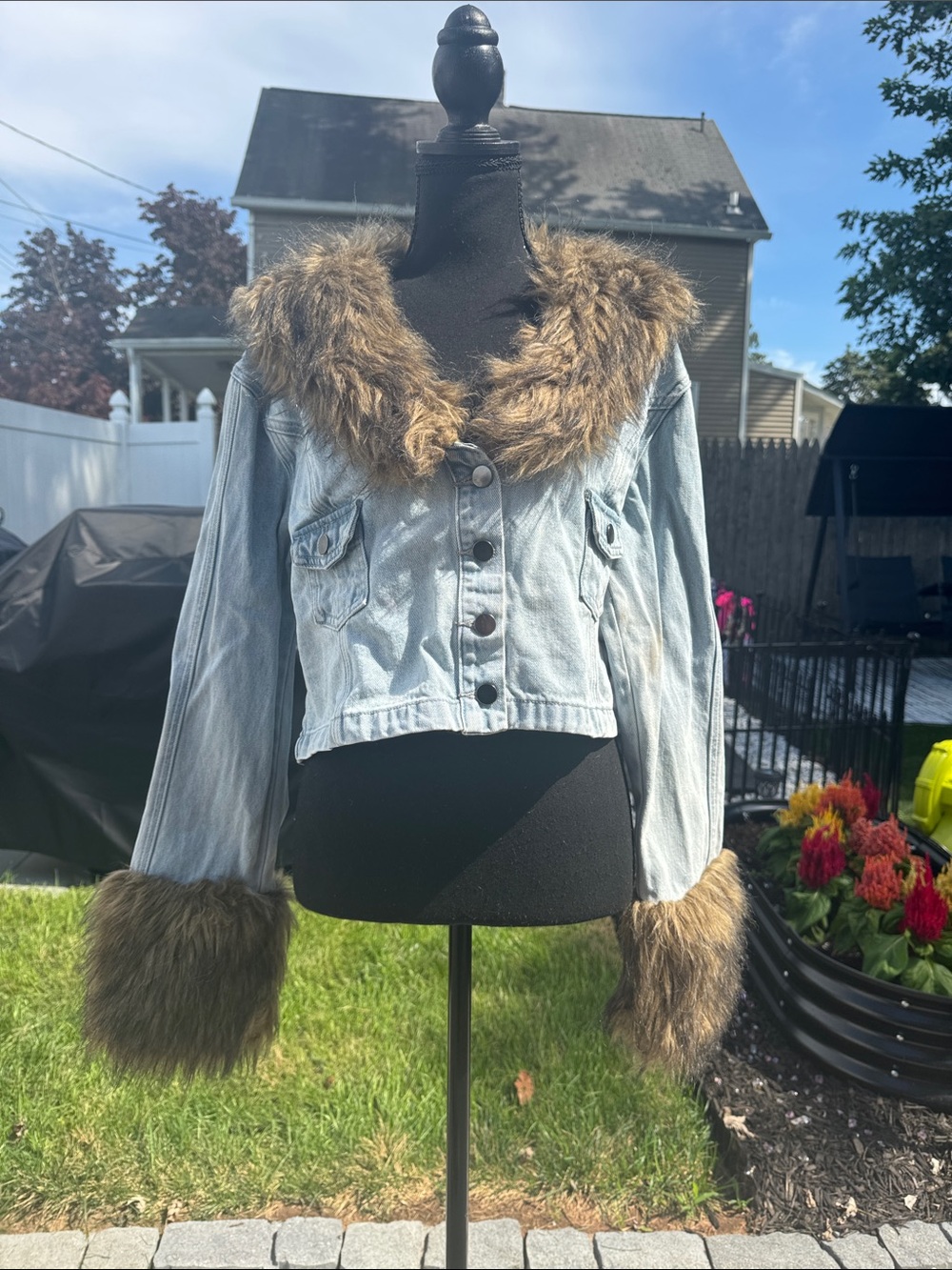Gen kiss xl Faux Fur-Trim Denim Jacket - Light Blue